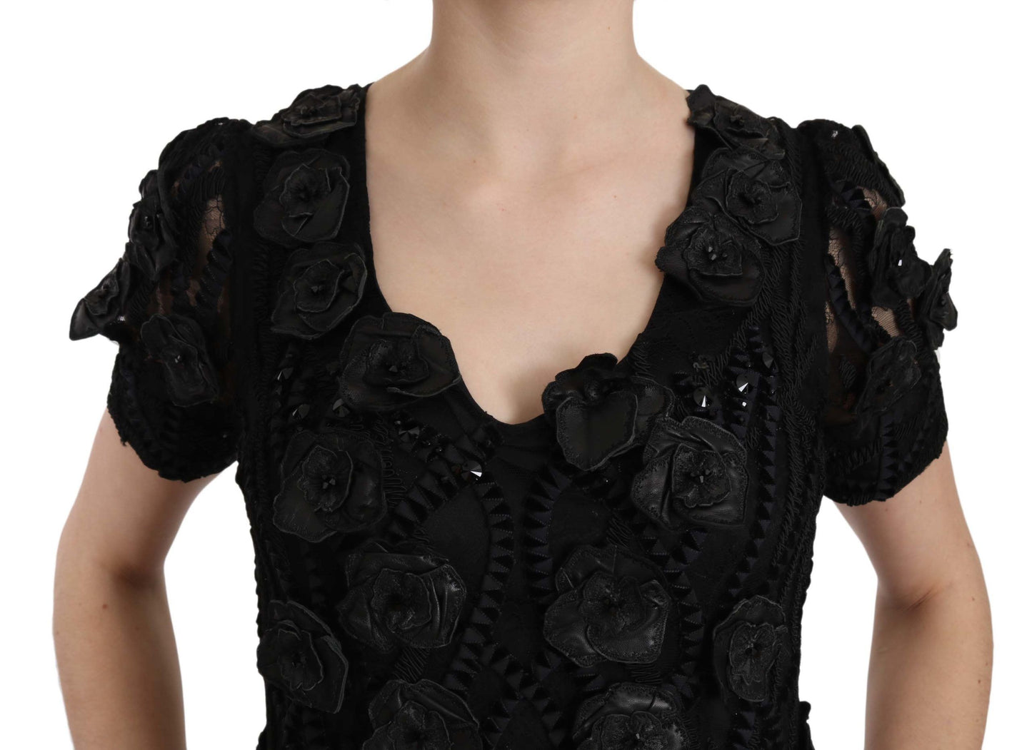Black Silk Leather Flowers Sheath Dress