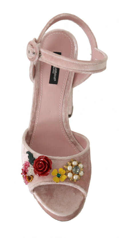 Pink Velvet Crystal Ankle Sandals