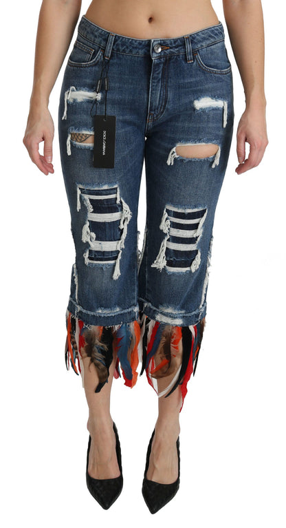 Blue Feathers Low Waist Cropped Cotton Jeans