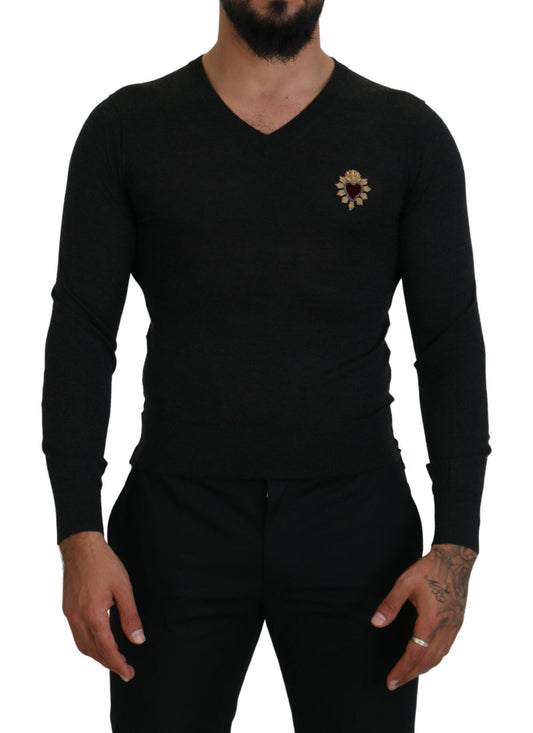 V-Neck Cashmere Sweater with Heart Embroidery