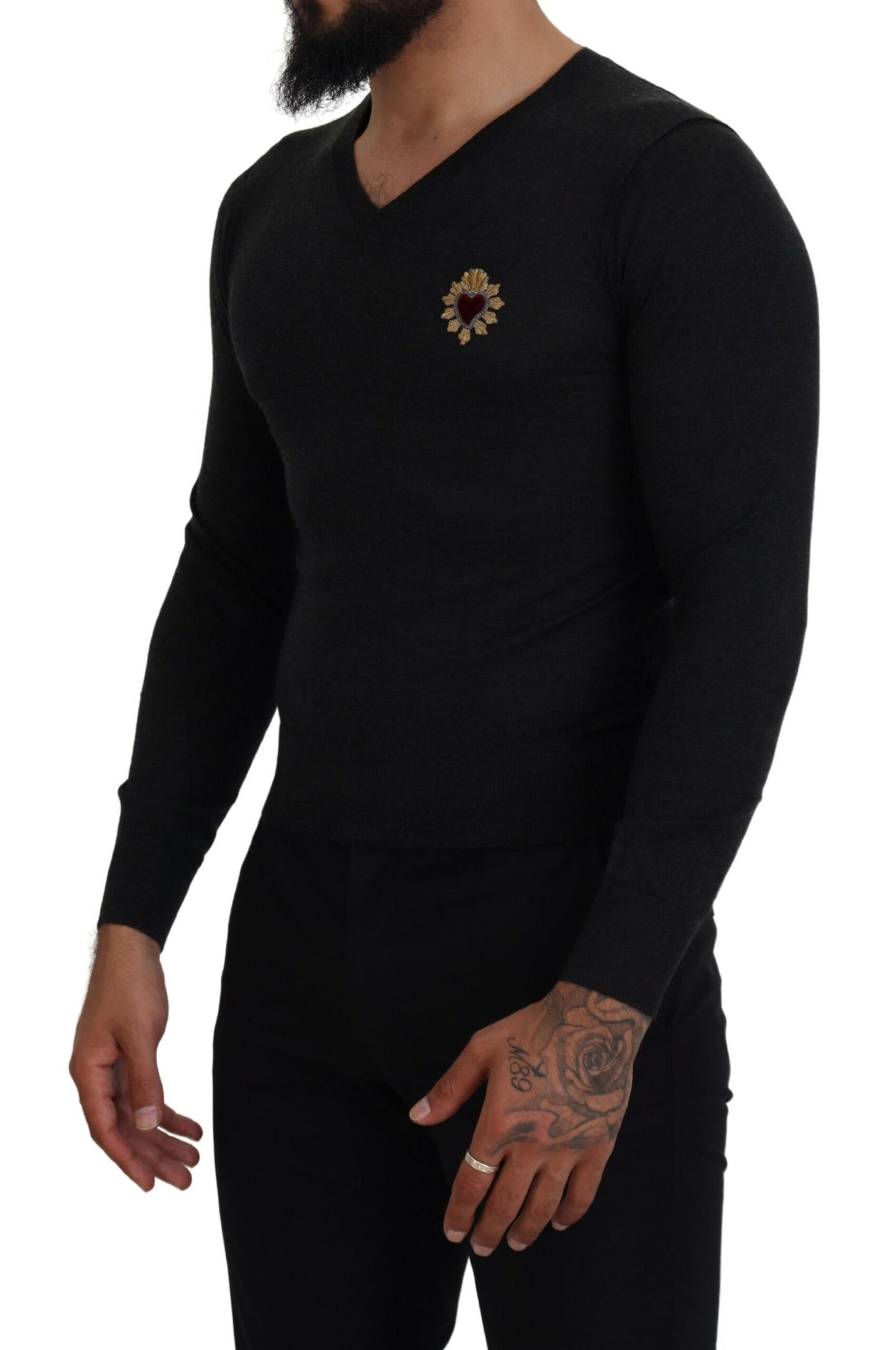 V-Neck Cashmere Sweater with Heart Embroidery
