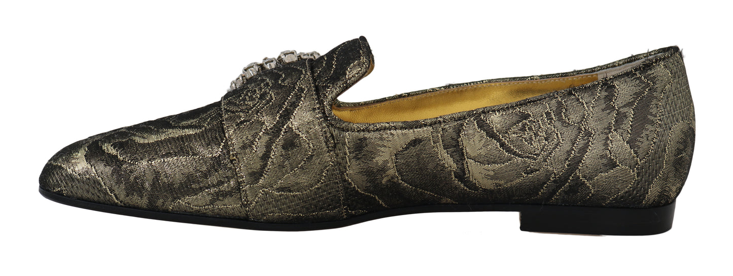 Gold Black Jacquard Crystal Loafers