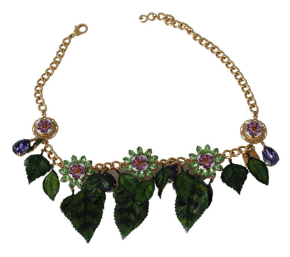 Green Leaves Gold Brass Crystal Flower Pendant Necklace