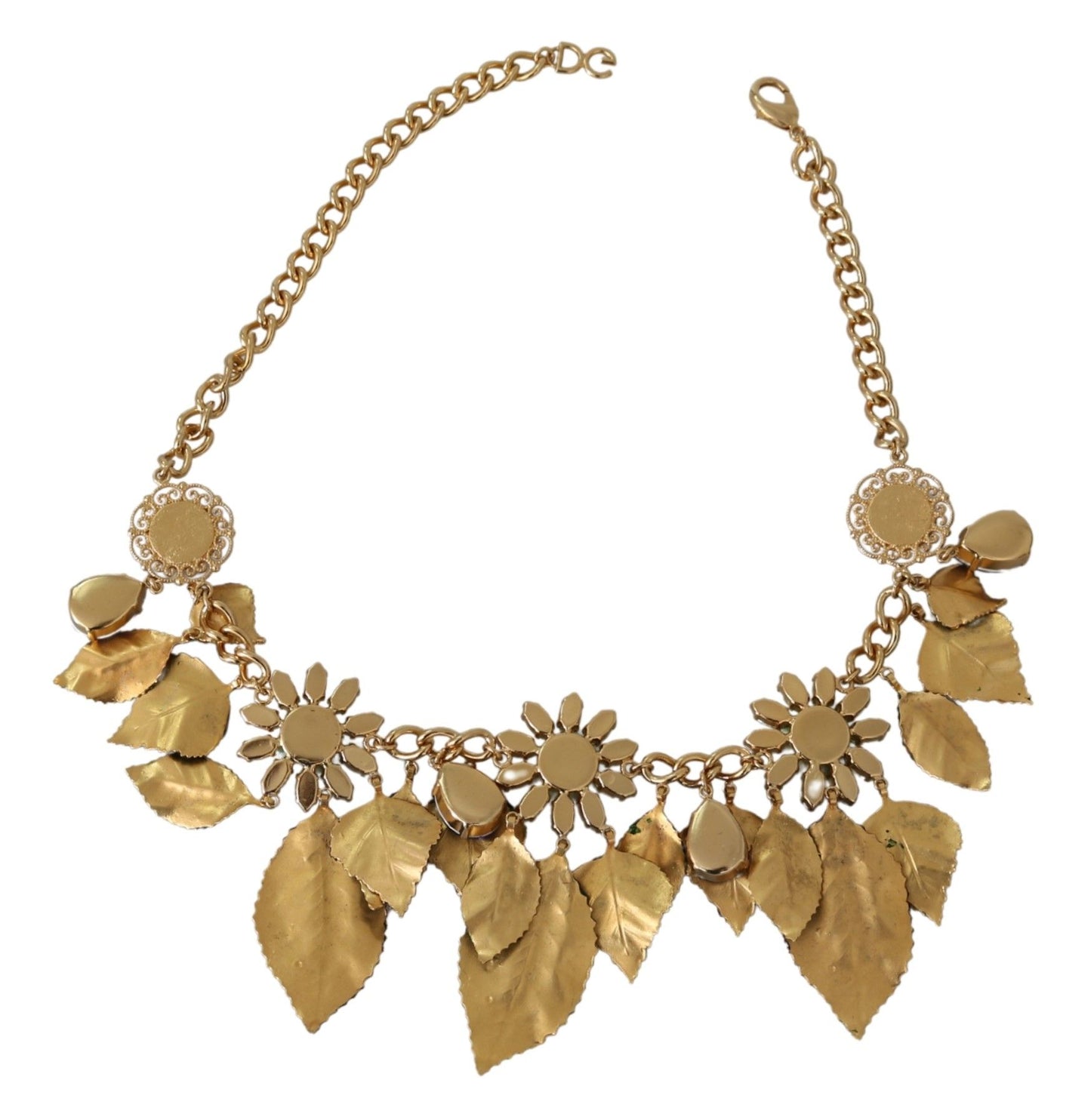 Green Leaves Gold Brass Crystal Flower Pendant Necklace