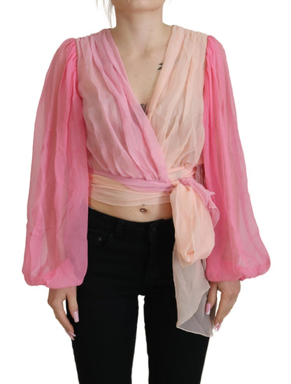Silk V-Neckline Wrap Blouse in Pink