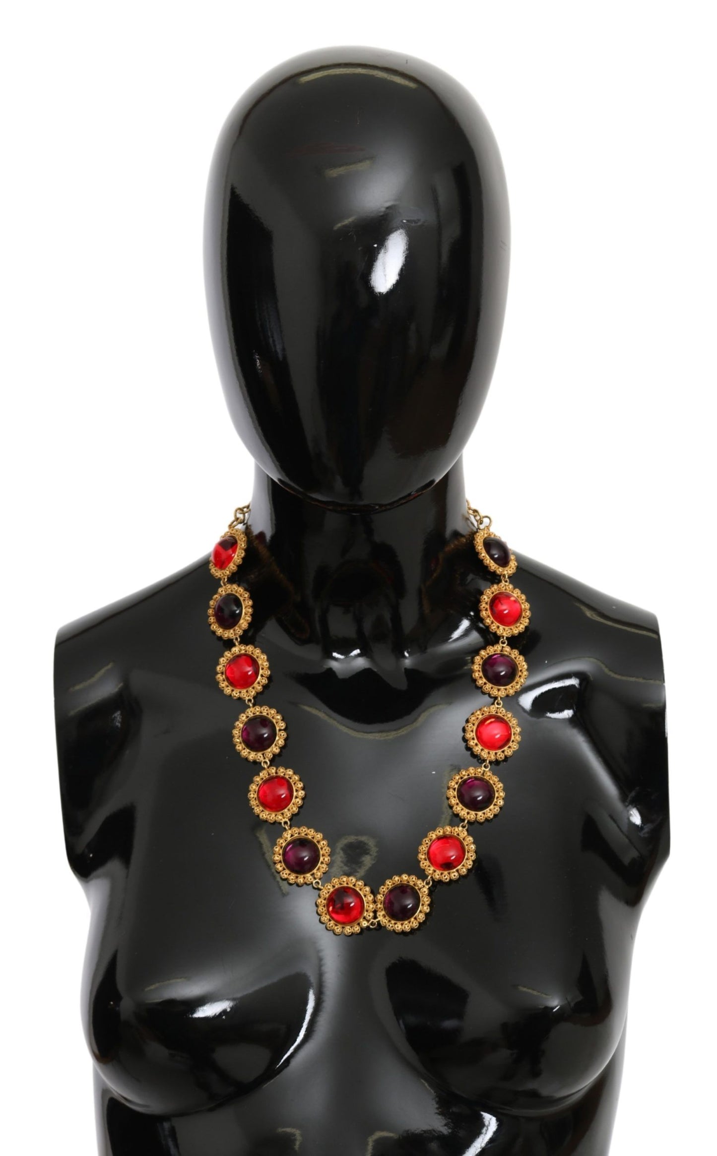 Red Purple Crystal Floral Chain Statement Gold Brass Necklace
