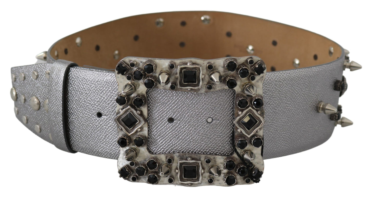 Stunning Silver Leather Crystal-Studded Belt