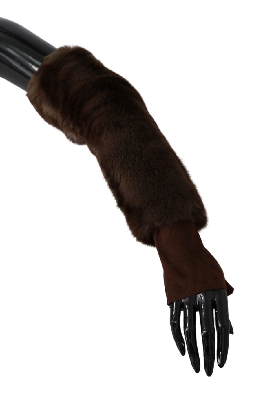 Brown Elbow Length Finger Less Fur Gloves