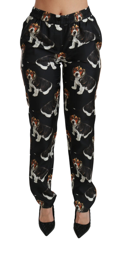 Elegant Silk Puppy Dog Print Pants