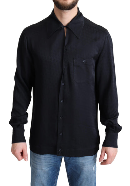 Black Jacquard Silk Casual Button Down Shirt