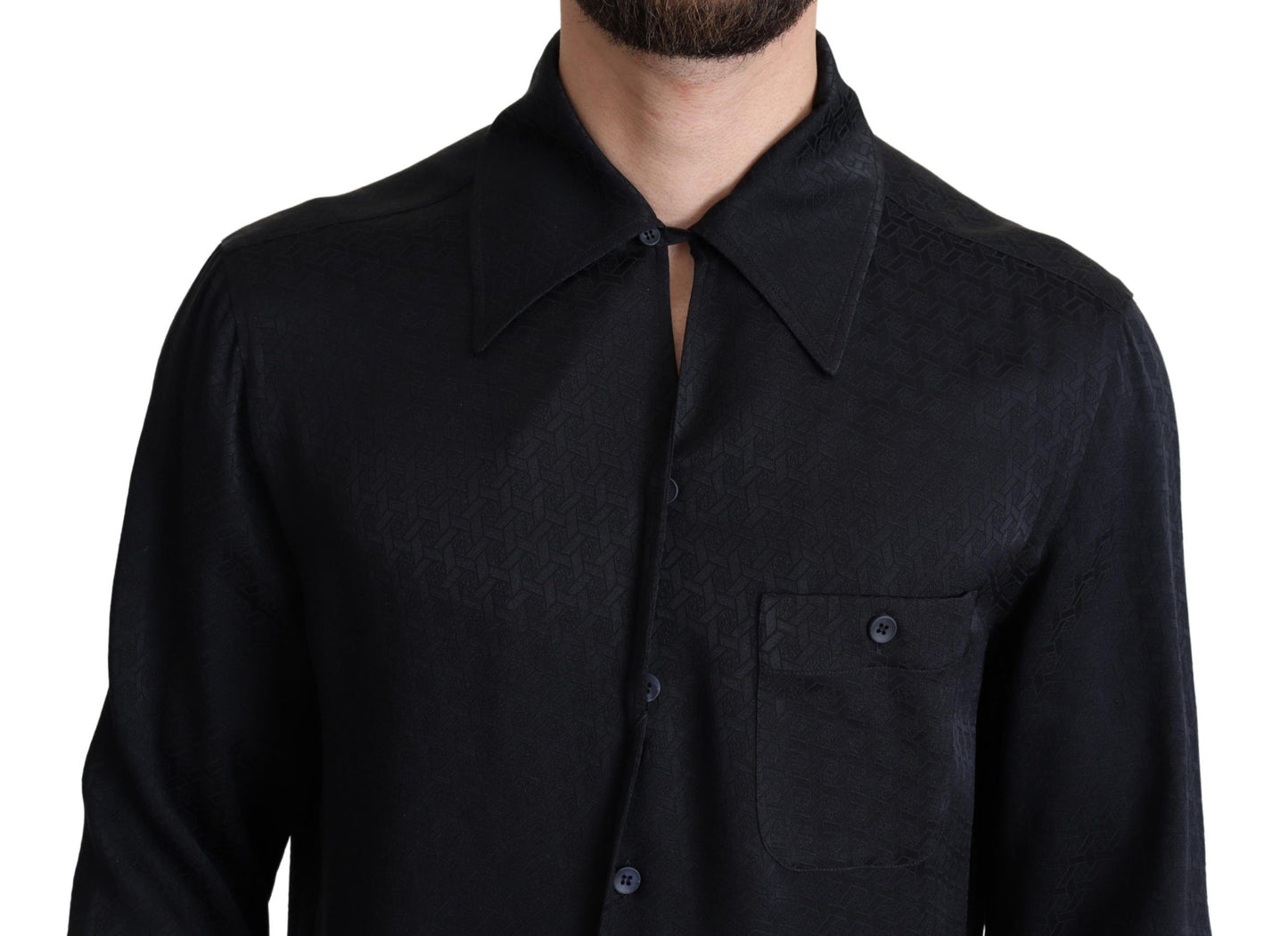 Black Jacquard Silk Casual Button Down Shirt