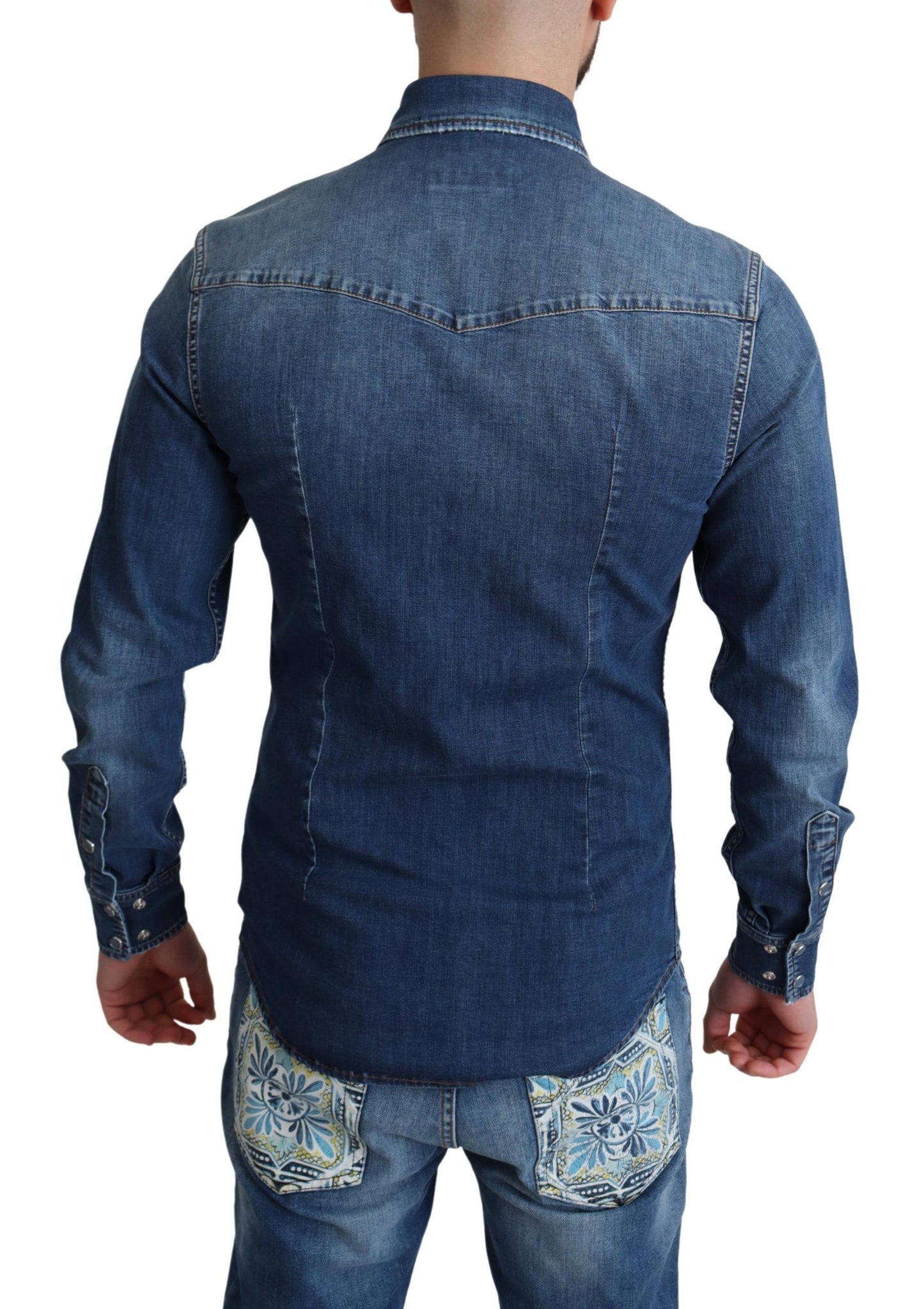 Blue Cotton Stretch Long Sleeves Denim Shirt