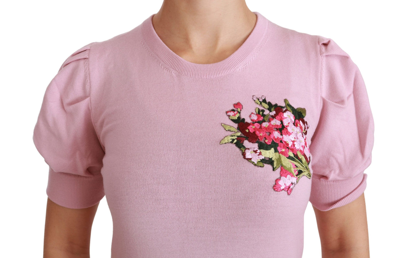Pink Floral Embroidered Blouse Wool Top