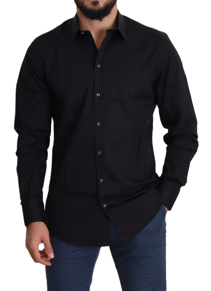 Elegant Black Cotton Stretch Dress Shirt