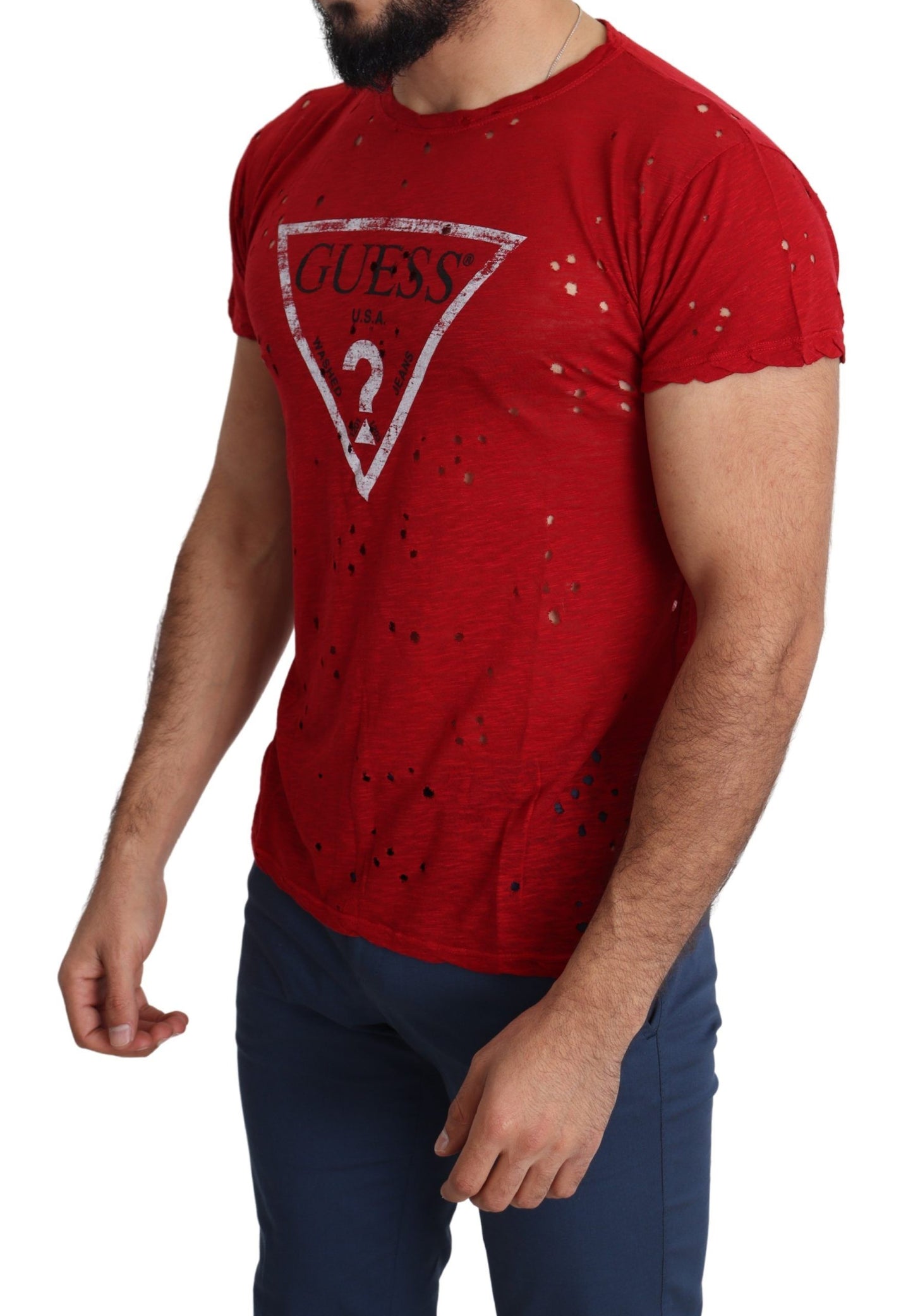 Red Cotton Logo Print Men Casual Top Perforated T-shirt