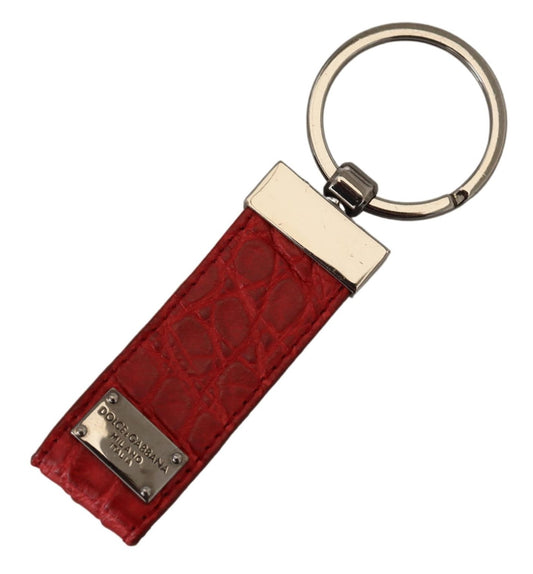 Red Leather Logo Plaque Silver Brass Keychain