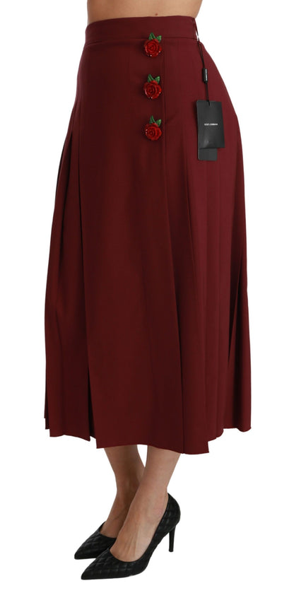 Red High Waist Pleated Maxi Wool Skirt