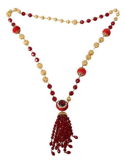 Gold Tone Brass Red Crystals Pendant Opera Chain  Necklace