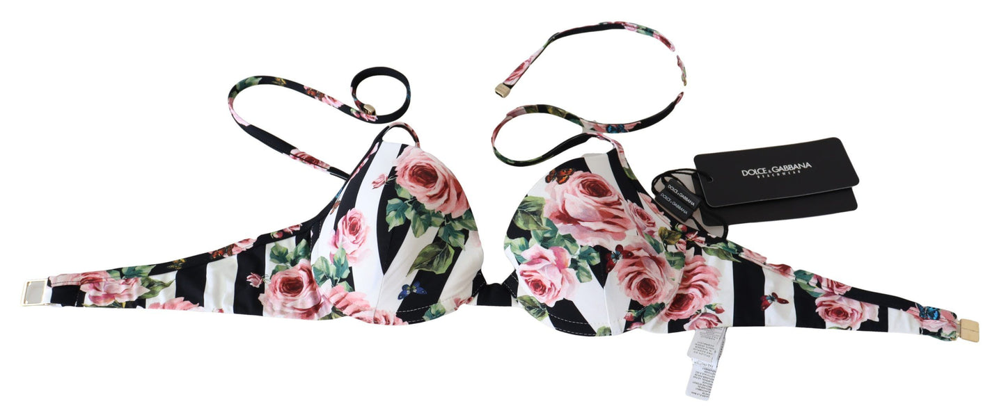 Multicolor Striped Rose Print Swimwear Bikini Tops