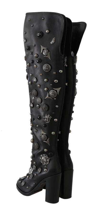 Black Leather DG Logo Studded Boots