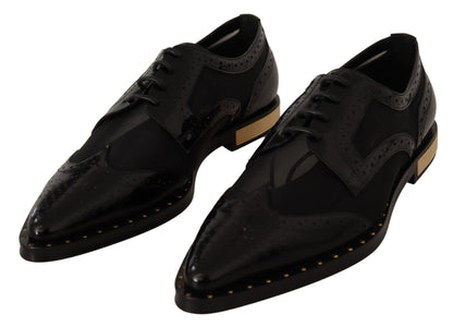 Black Leather Broques Sheer Wingtip Shoes