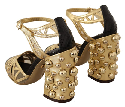 Black Gold Leather Studded Ankle Straps Shoes