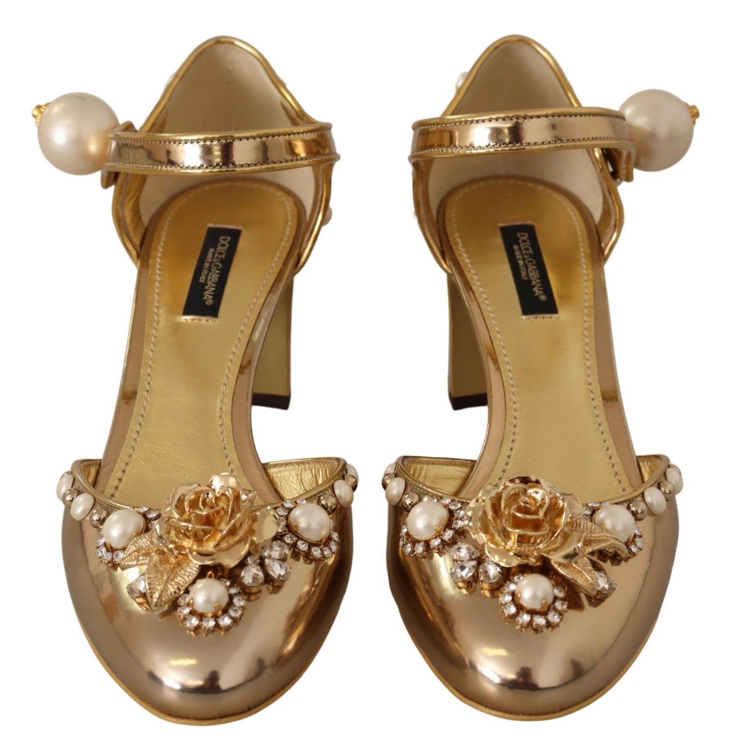 Gold Leather Studded Crystal Ankle Strap Shoes