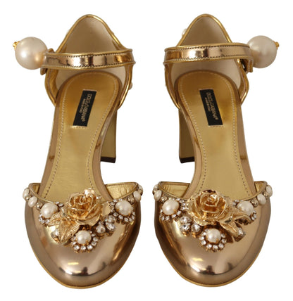 Gold Leather Studded Crystal Ankle Strap Shoes
