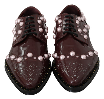 Elegant Bordeaux Lace-Up Flats with Pearls and Crystals