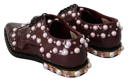 Bordeaux Leather Crystal Pearls Formal Shoes
