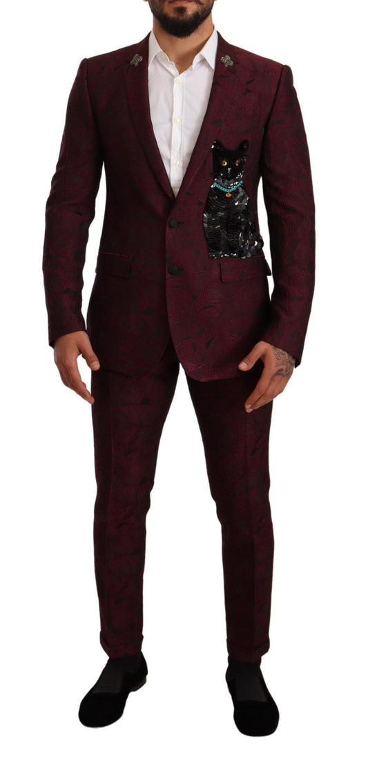 Elegant Maroon Leaf Pattern Two-Piece Suit