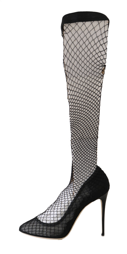 Black Netted Sock Heels Pumps