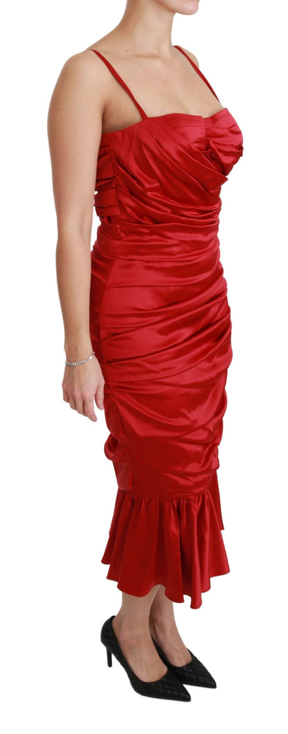 Exquisite Red Silk Fit and Flare Midi Dress