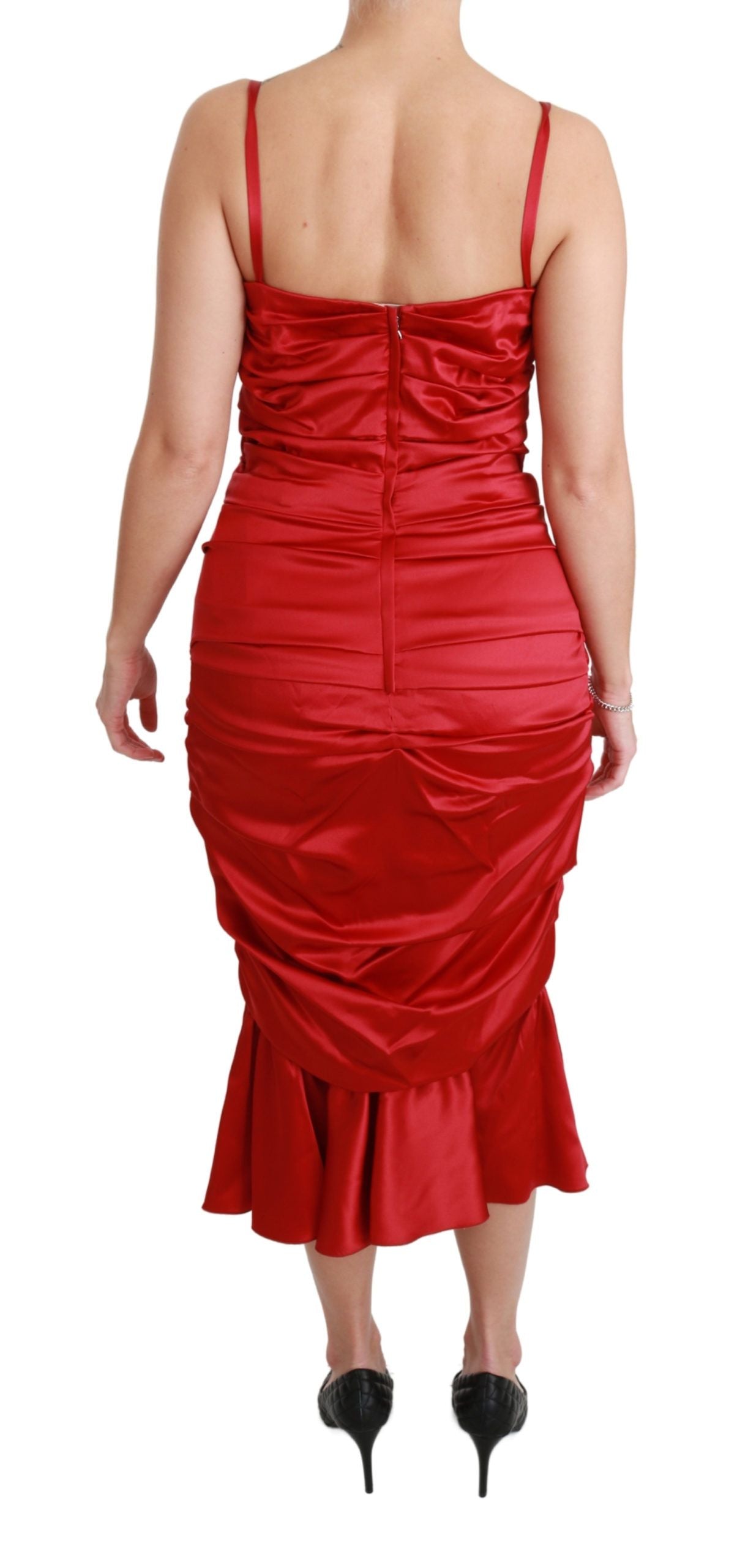 Exquisite Red Silk Fit and Flare Midi Dress
