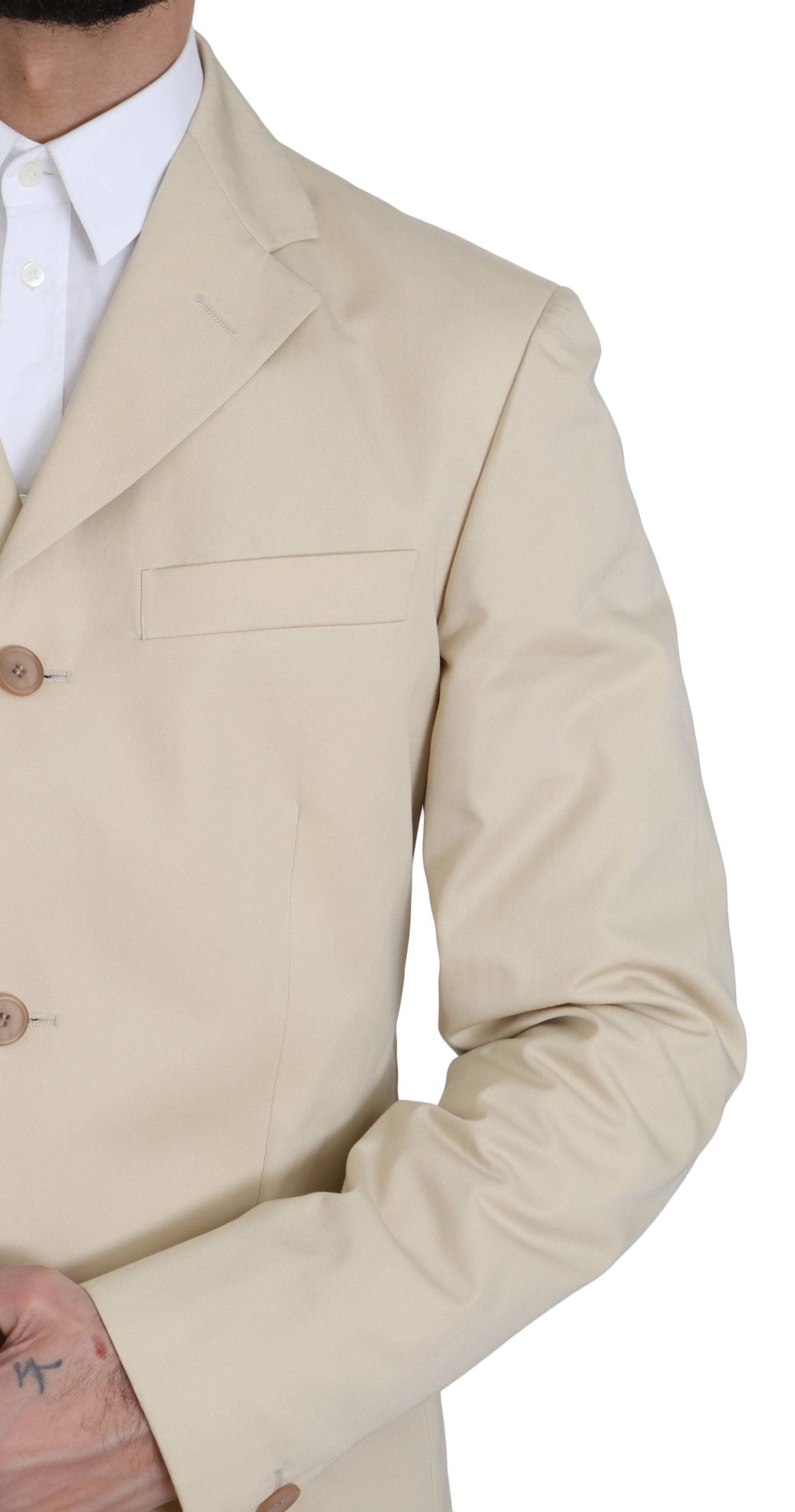 Two Piece 3 Button Beige Cotton Solid Suit