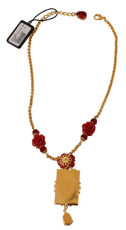 Gold Tone Charm Necklace with Crystal Pendant