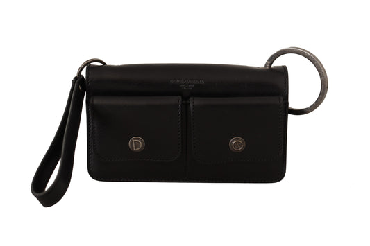 Black Leather Wristlet Mini Bag Card Bill Wallet