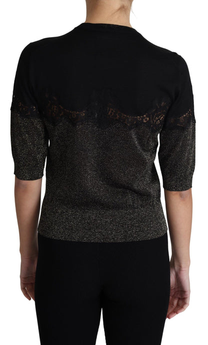 Black Shiny Lurex Lace Insert Pullover Top