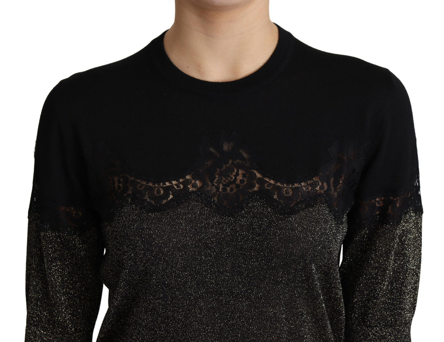 Black Shiny Lurex Lace Insert Pullover Top