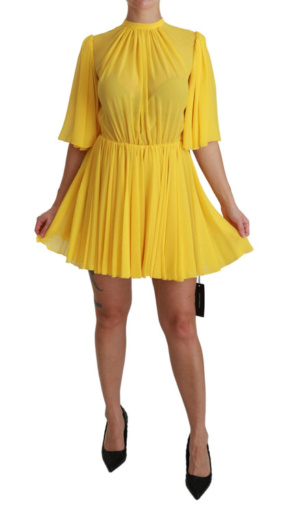 Yellow Pleated A-line Mini 100% Silk Dress