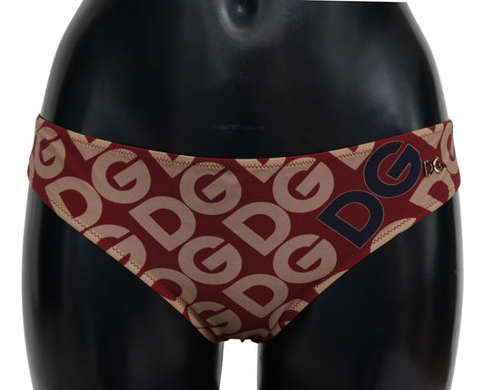 Chic Maroon Beige Logo Print Bikini Bottom