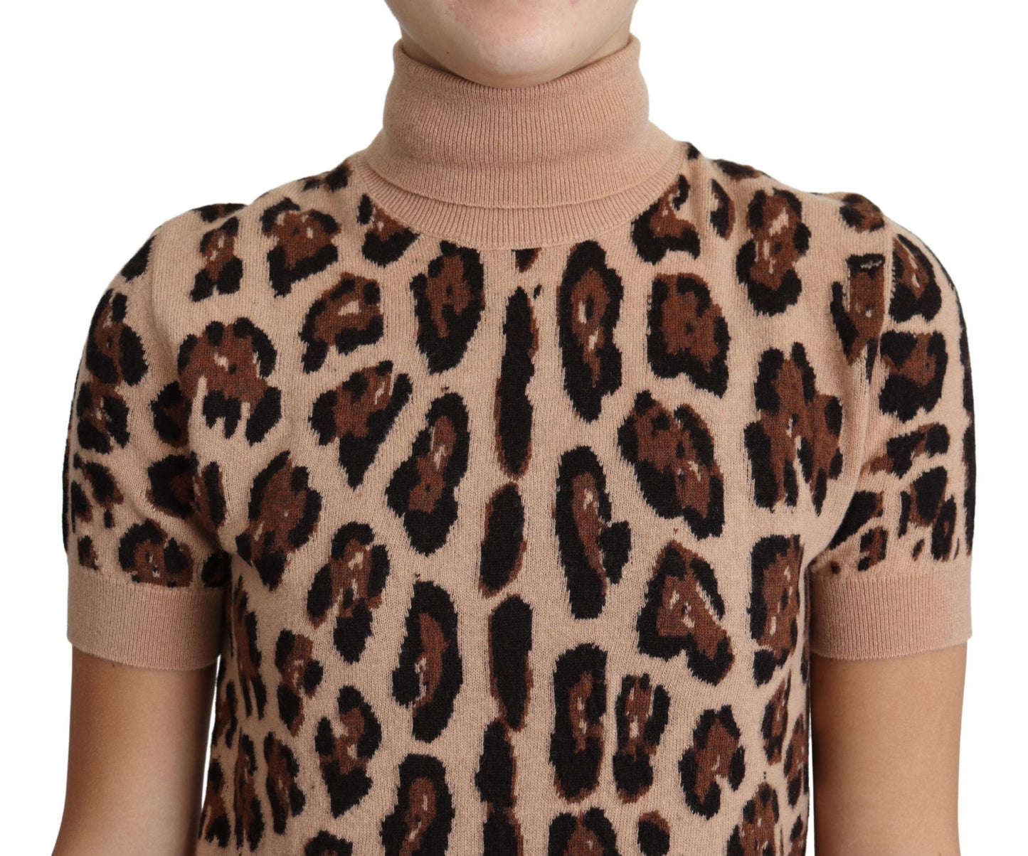 Beige Leopard Print Virgin Wool Turtleneck Top