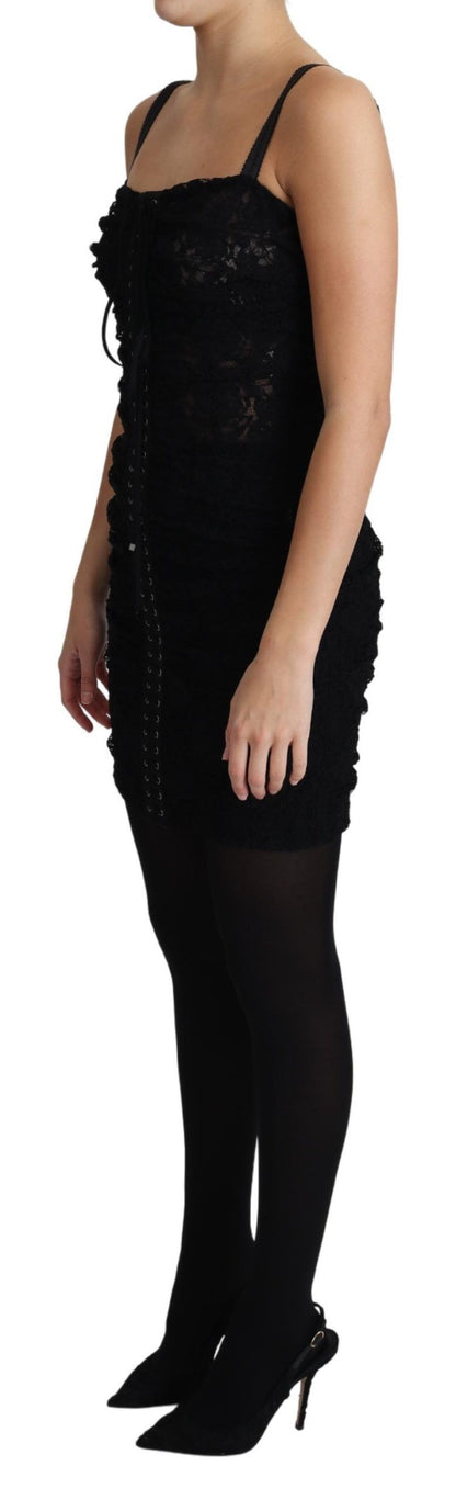 Black Lace Up Floral Corset Bustier Mini Dress