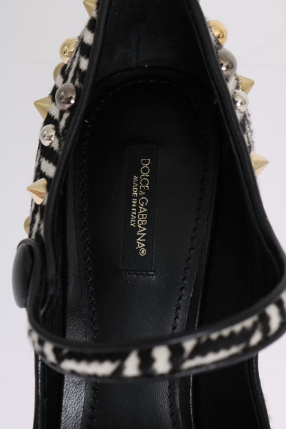 Black White Pony Fur Studded Leather Shoes