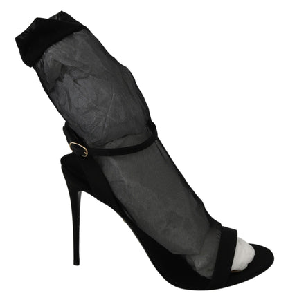 Black Tulle Stretch Stilettos Sandals Shoes