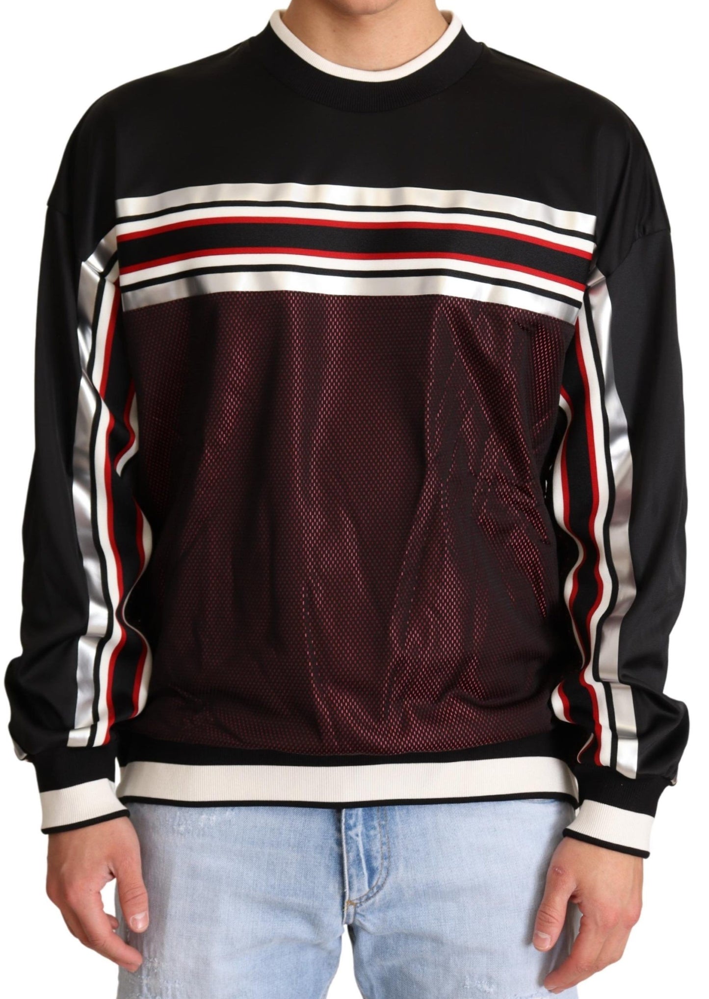 Black Red Mesh Sport Pullover Crewneck Sweater