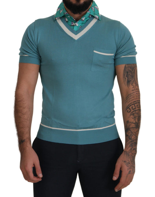 Blue Silk Polo Top Mens V-neck  T-shirt