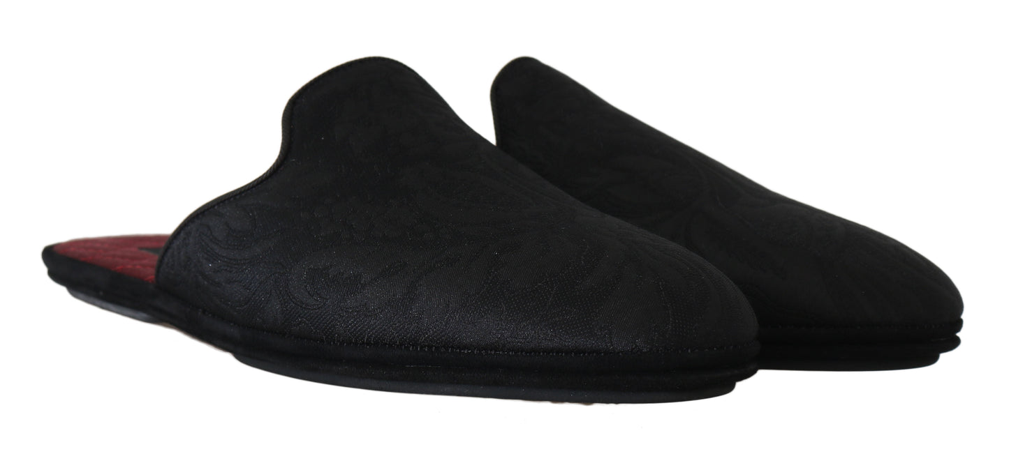 Black Brocade Suede Slides Slippers