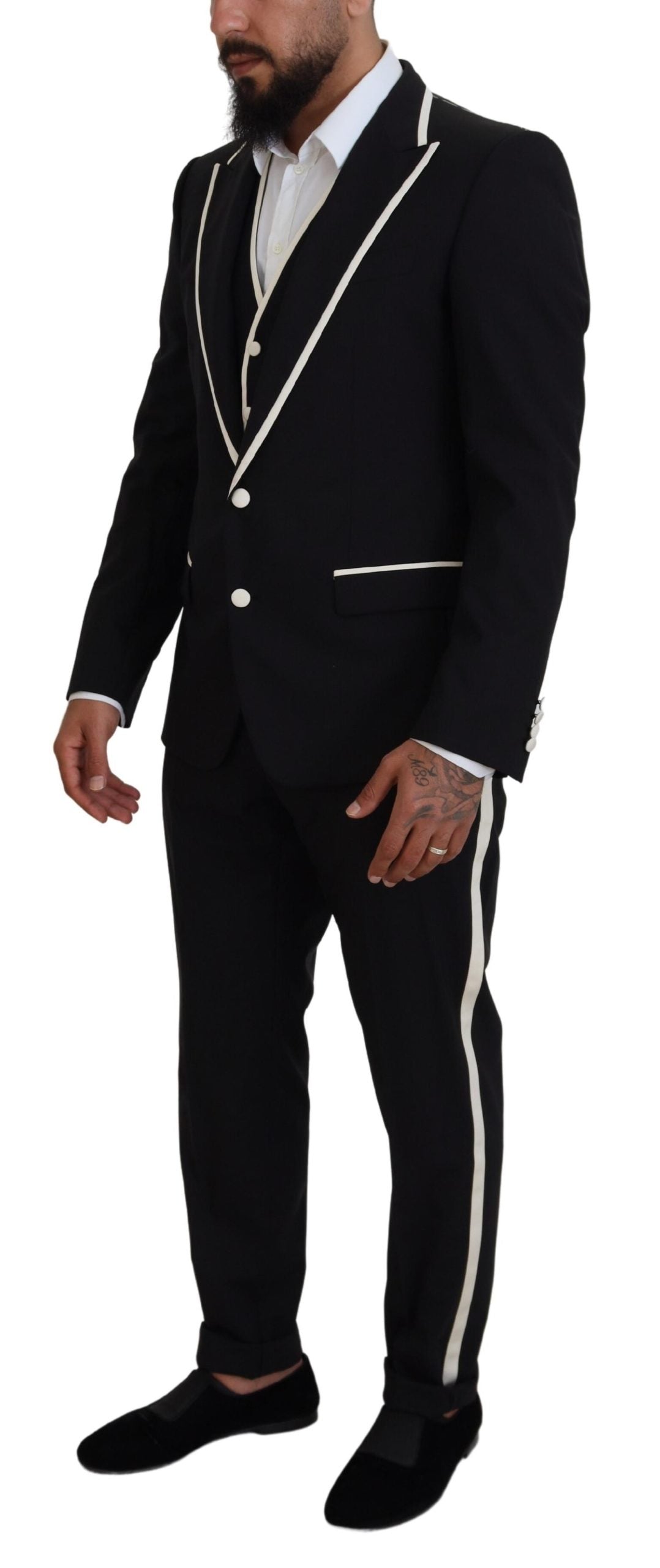Elegant Black and White Slim Fit Three Piece Suit