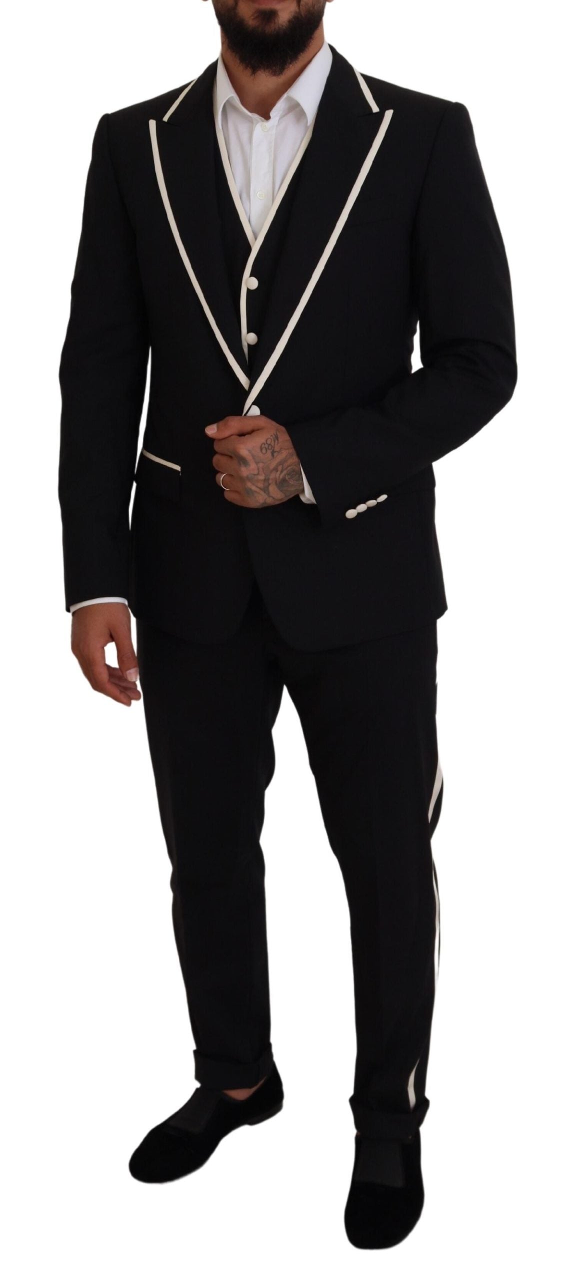Elegant Black and White Slim Fit Three Piece Suit